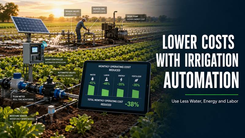 Field diagram showing sensors, valves, and a tablet dashboard reporting a 38% cut in monthly operating cost