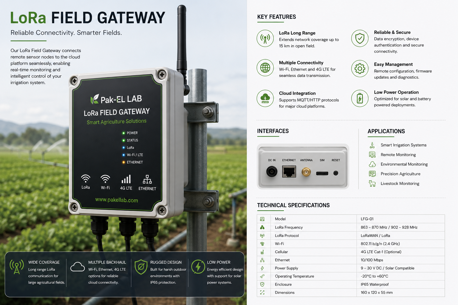 IrrigTech LoRa Field Gateway mounted on a pole with antenna